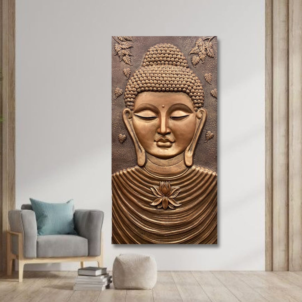 6x3 feet Buddha 3D relief wall mural in bronze finish | handcrafted wall sculpture for home and office décor
