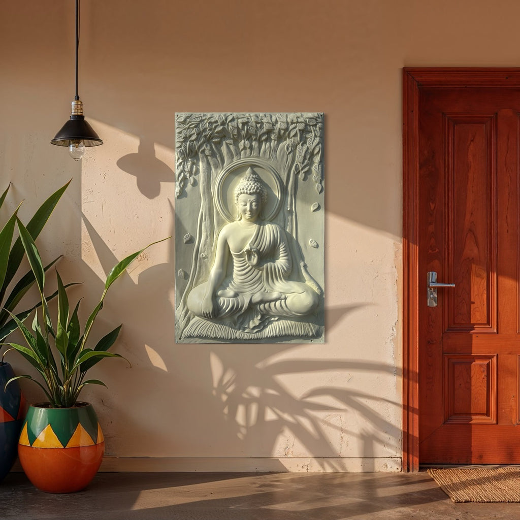 Buddha 3D relief wall mural (3x2 ft) in cream finish | handcrafted meditative wall sculpture for home décor