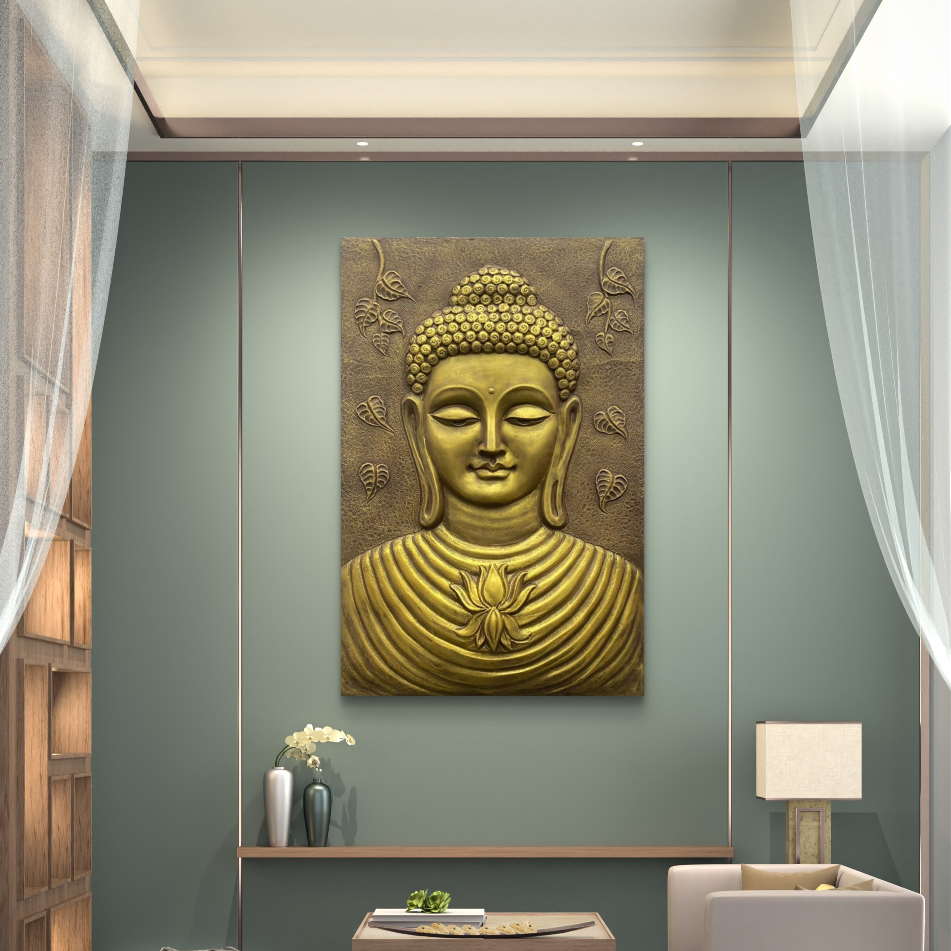 3x2 feet Buddha 3D relief wall mural in gold finish, handcrafted spiritual wall art radiating peace and enlightenment for home or meditation décor.