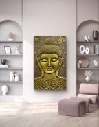 5x3 feet Buddha 3D relief wall mural in gold finish, handcrafted spiritual wall art symbolizing enlightenment and serenity.