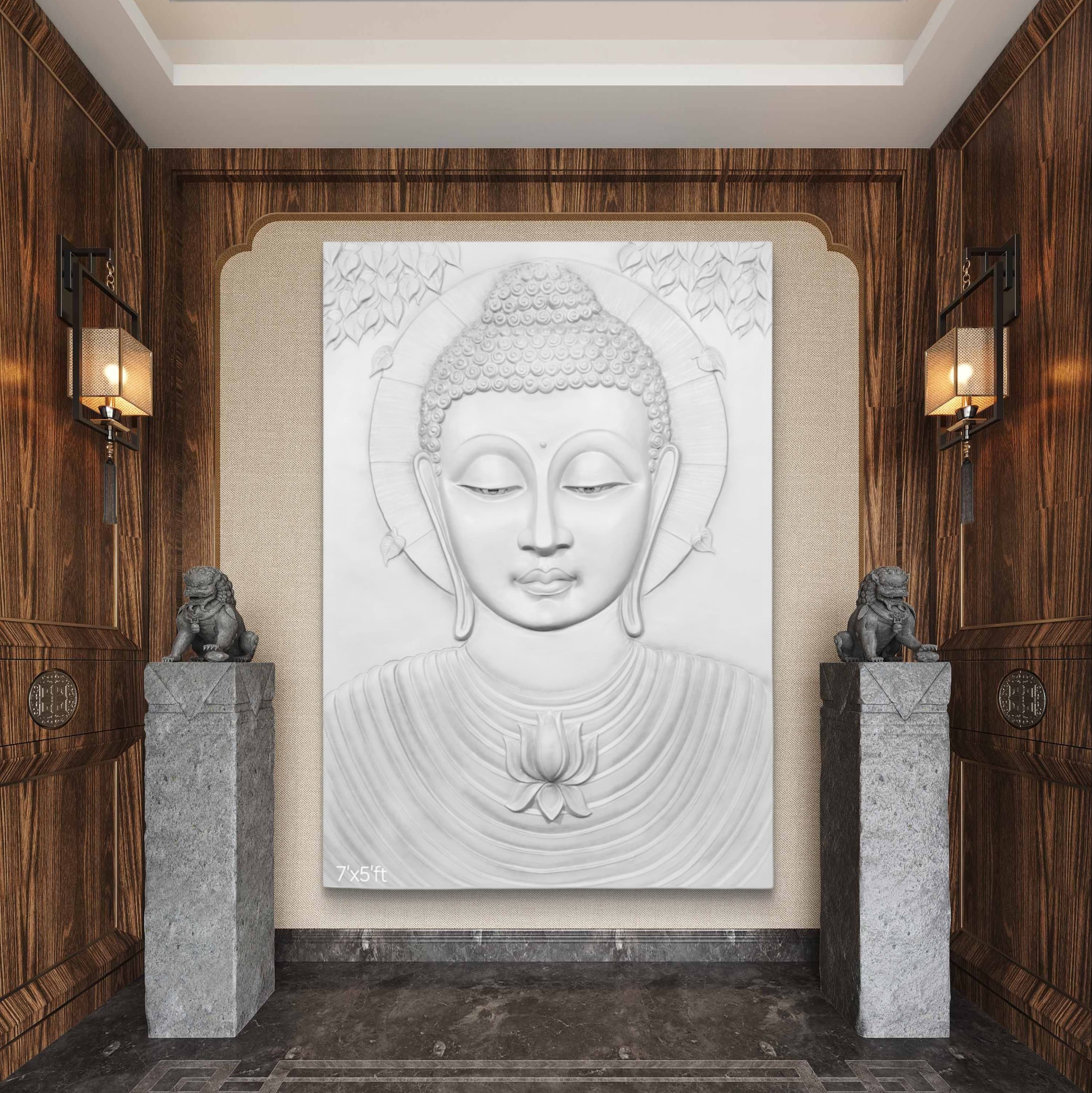 Buddha 3D relief wall mural (7x5 ft) in white finish handcrafted wall sculpture for home decor
