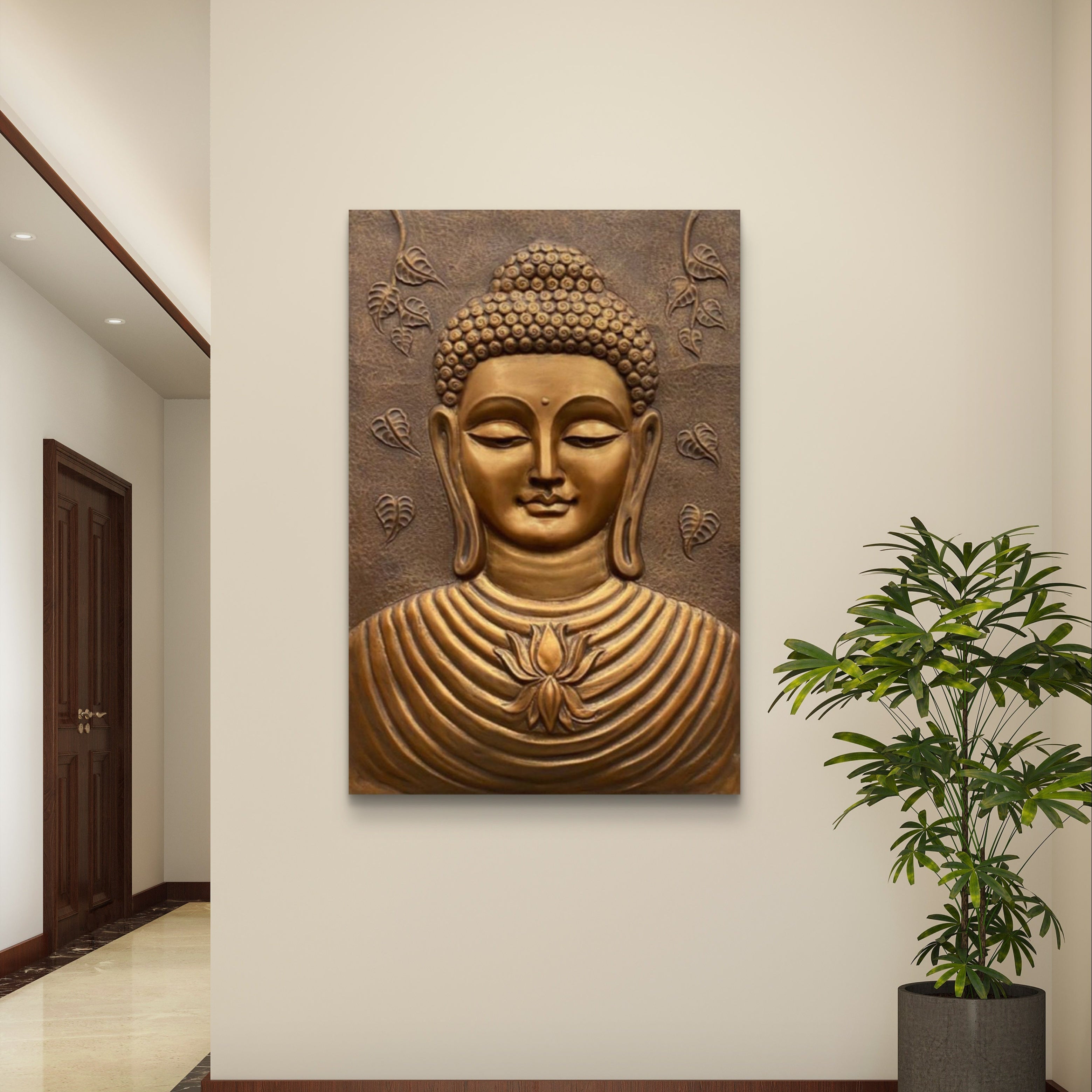 Bronze finish Buddha 3D wall art, 3x2 feet handcrafted relief mural symbolizing mindfulness and serenity for yoga studios or living spaces.