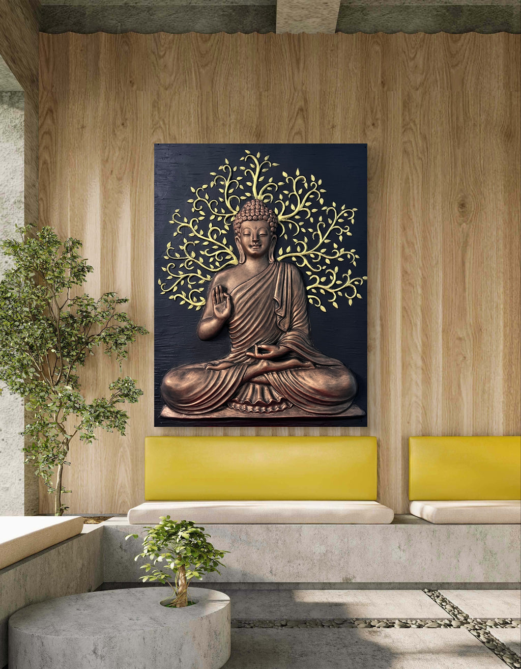 Buddha 3D wall art sculpture (4x3 ft) | decorative relief mural with Tree of Life design for home decor