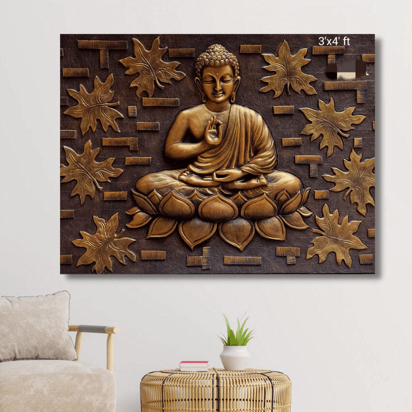 buddha 3d wall mural 4x3 feet bronze finish handcrafted relief sculpture with leaf and brick texture