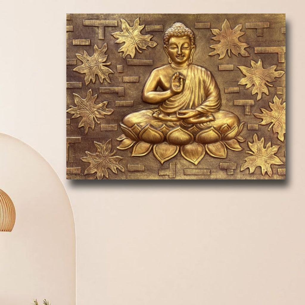 buddha 3d wall mural 4x3 feet golden finish handcrafted relief sculpture with leaf and brick texture
