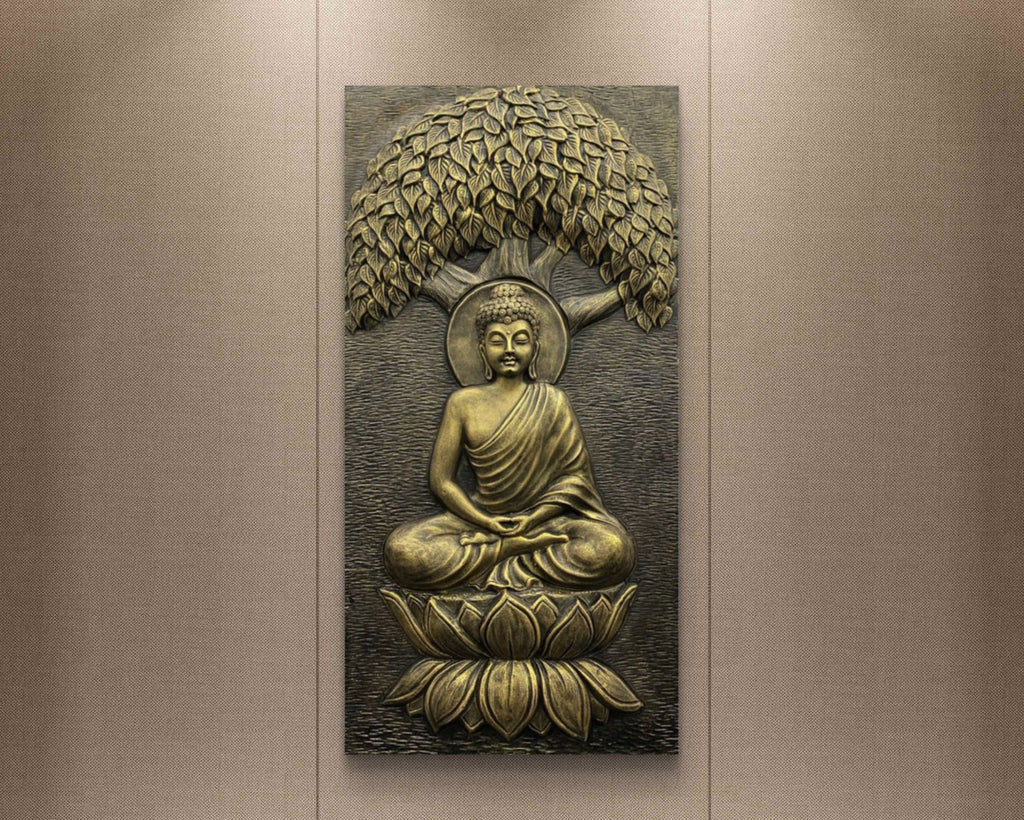 Gold finish Buddha 3D wall sculpture under the Bodhi tree, 4x2 feet handcrafted mural ideal for meditation rooms and spiritual décor.