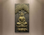 Gold finish Buddha 3D wall sculpture under the Bodhi tree, 4x2 feet handcrafted mural ideal for meditation rooms and spiritual décor.