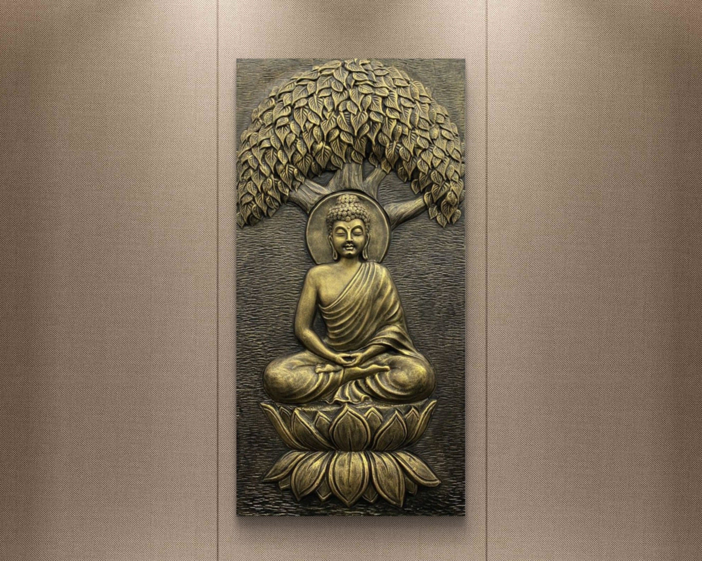 Gold finish Buddha 3D wall sculpture under the Bodhi tree, 4x2 feet handcrafted mural ideal for meditation rooms and spiritual décor.