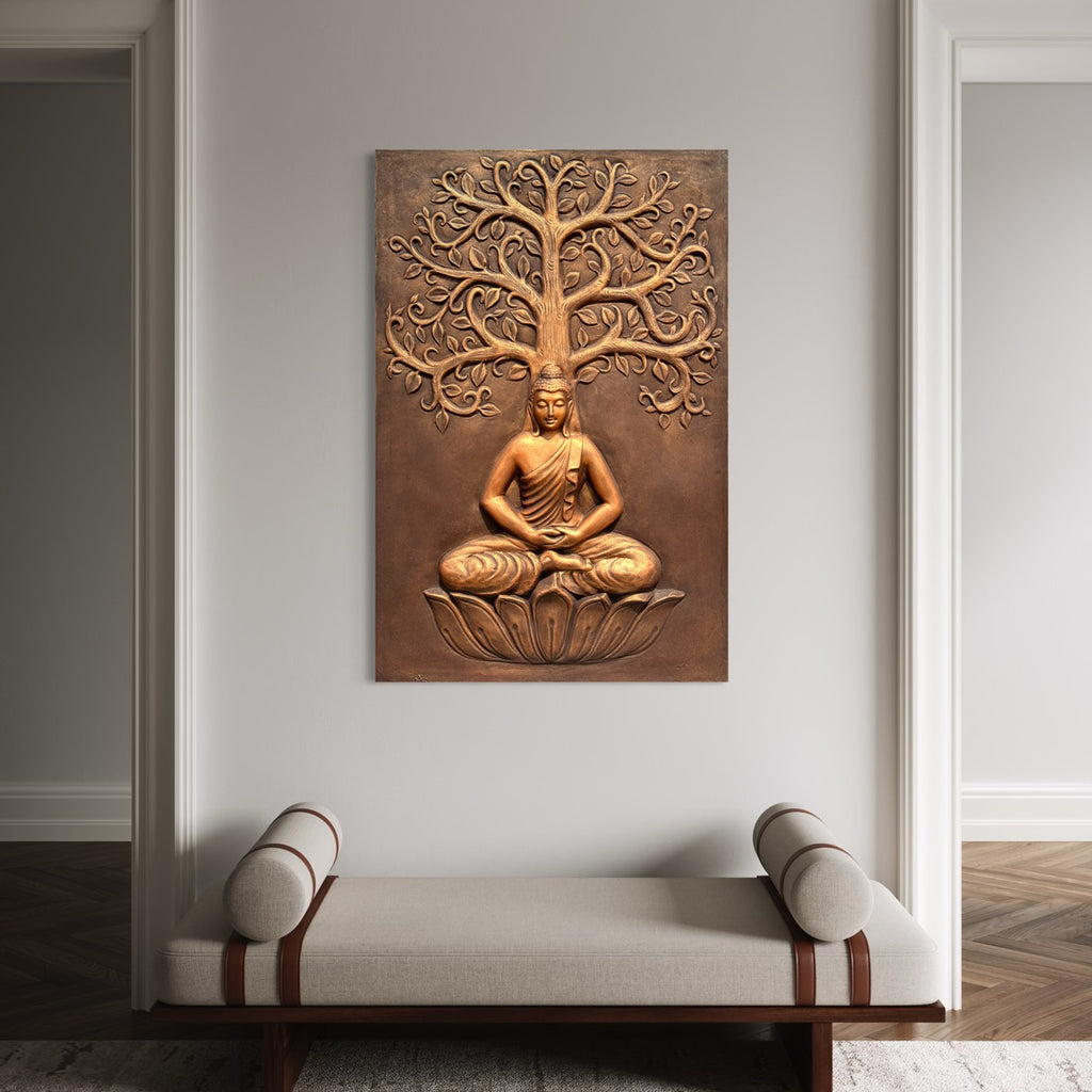 3x2 feet bronze colour Buddha meditating under the Bodhi Tree 3D relief wall mural