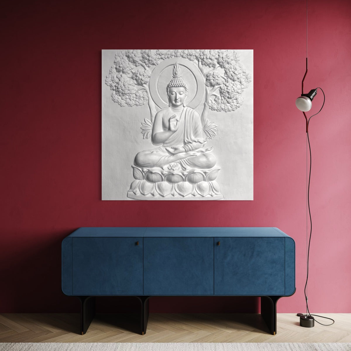 buddha under tree 3d wall mural 4x4 feet white finish handcrafted relief sculpture for home decor and modern interior.