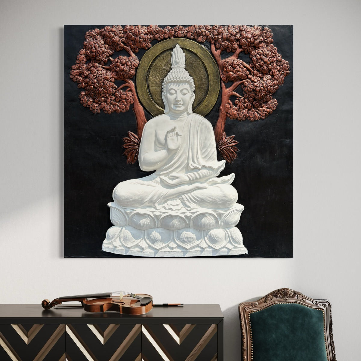 4x4 feet | Buddha Under Tree 3D Wall Mural | Handcrafted Relief
