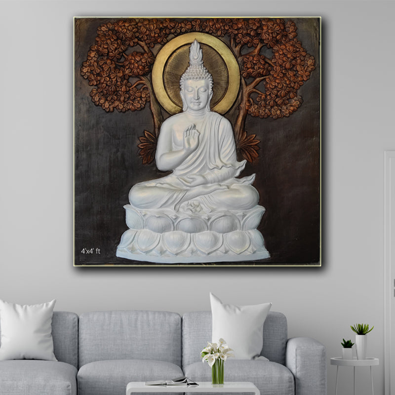 Buddha with Tree 3D Fiber Wall Mural (4x4 ft), symbolizing enlightenment and tranquility.
