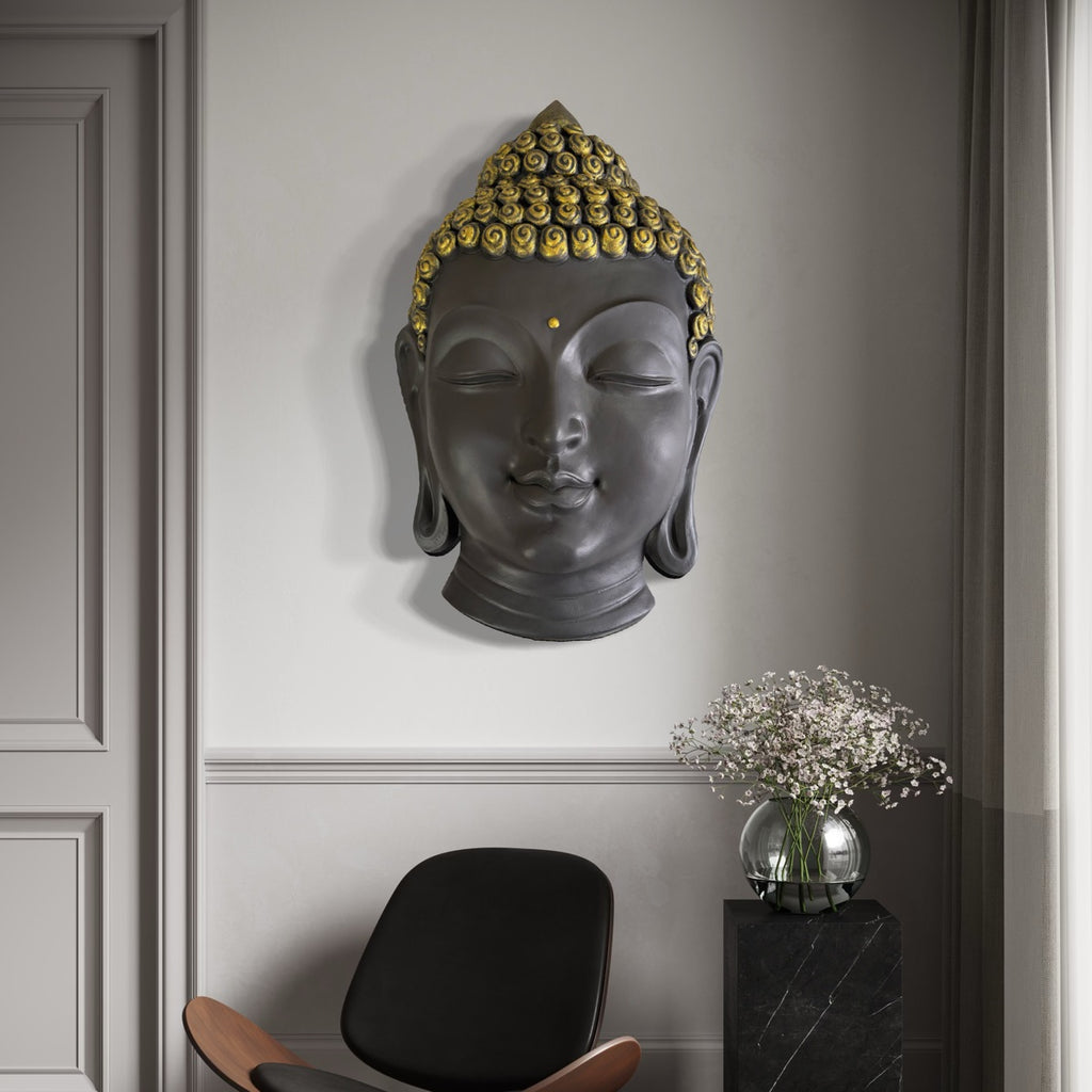carbon black finish buddha face 3d wall sculpture 27x17 inches handcrafted relief mural for interior decor 