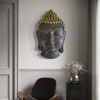 carbon black finish buddha face 3d wall sculpture 27x17 inches handcrafted relief mural for interior decor 
