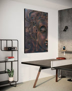 Detailed texture of abstract Buddha face wall sculpture showing layered relief craftsmanship