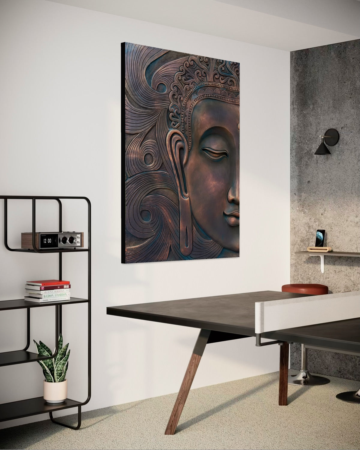 Detailed texture of abstract Buddha face wall sculpture showing layered relief craftsmanship