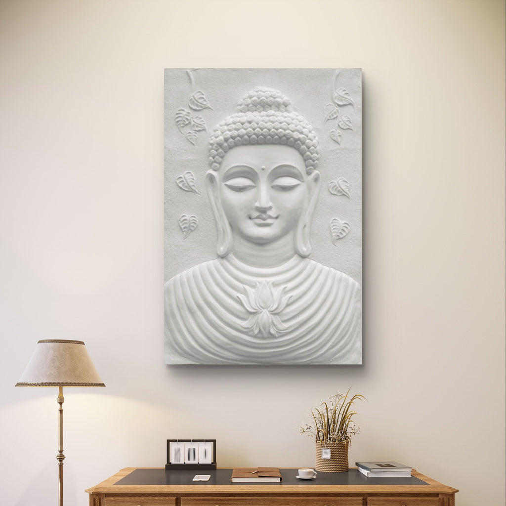 White finish 3x2 feet Buddha face relief wall hanging, serene 3D sculpture featuring lotus motifs for peaceful interiors.