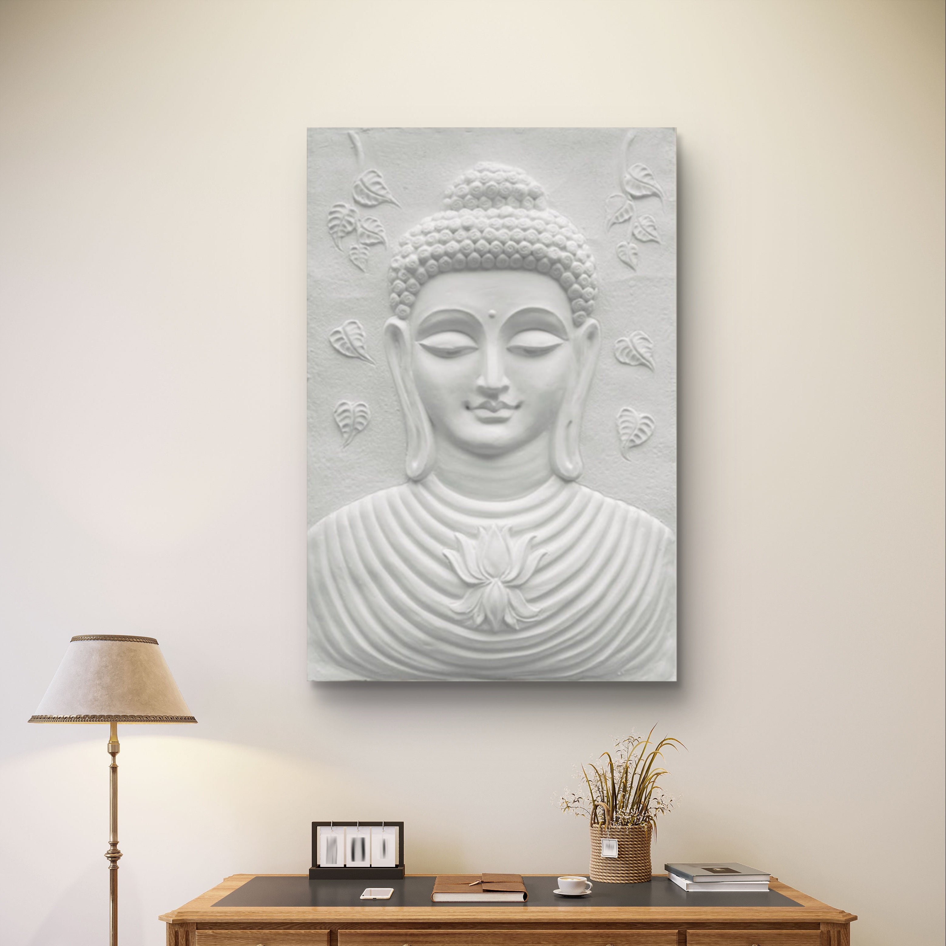 White finish 3x2 feet Buddha face relief wall hanging, serene 3D sculpture featuring lotus motifs for peaceful interiors.