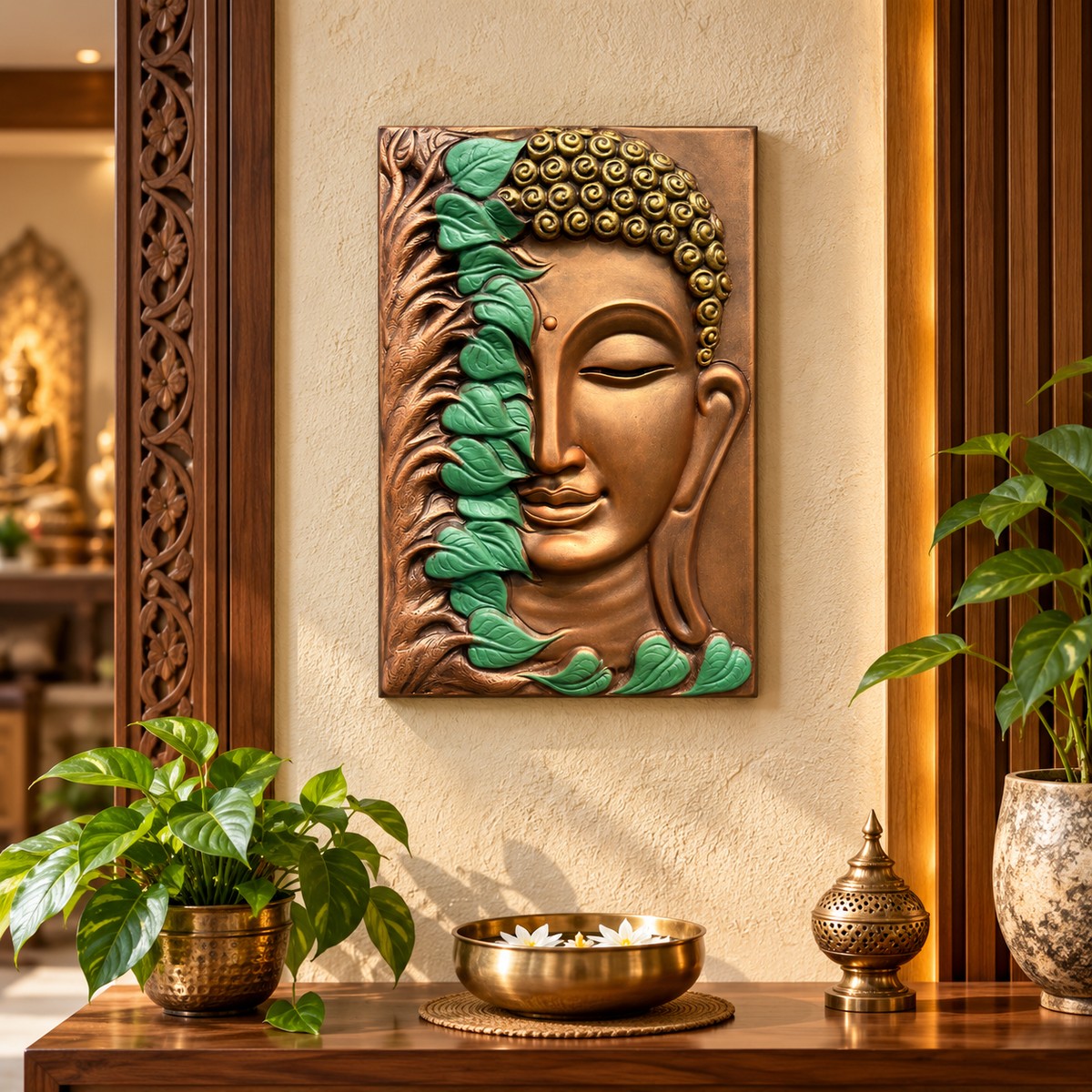 Buddha with Green Leaves 3D Relief Mural (19x12 in), symbolizing natural harmony and inner peace for home and office.