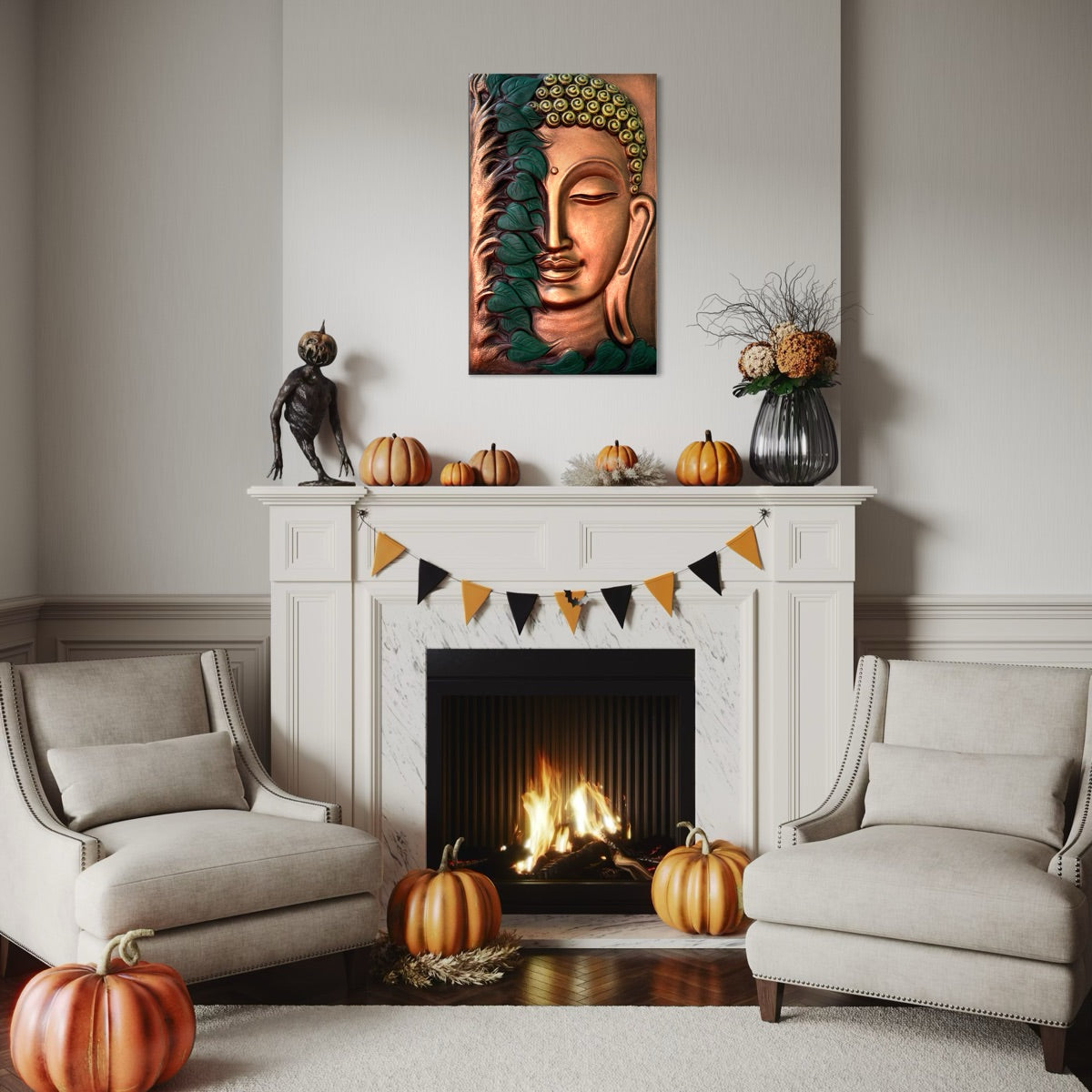 Buddha with Green Leaves 3D Relief Mural (19x12 in), symbolizing natural harmony and inner peace