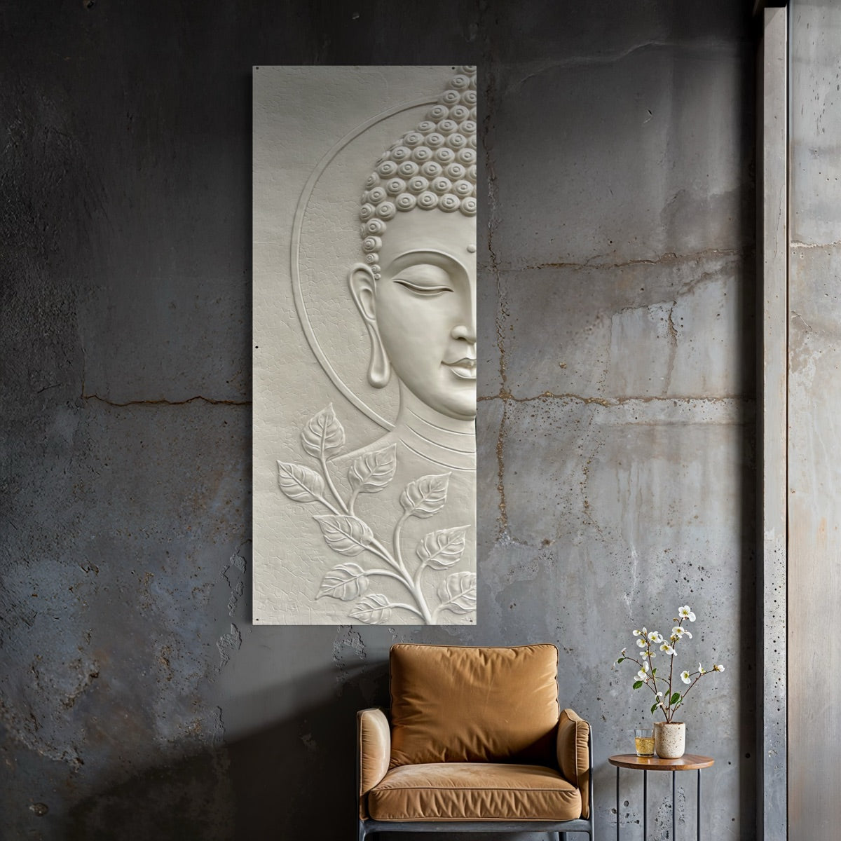 Full view of Buddha half face 3D wall art featuring a serene sculptural design for modern interiors.
