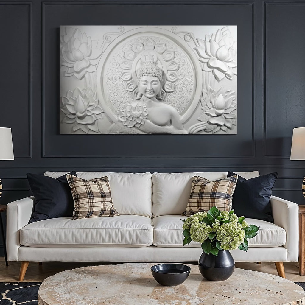 Close-up of Buddha with lotus 3D relief wall art highlighting calm expression and detailing