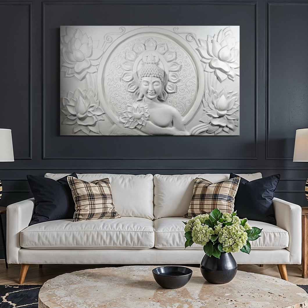 Close-up of Buddha with lotus 3D relief wall art highlighting calm expression and detailing