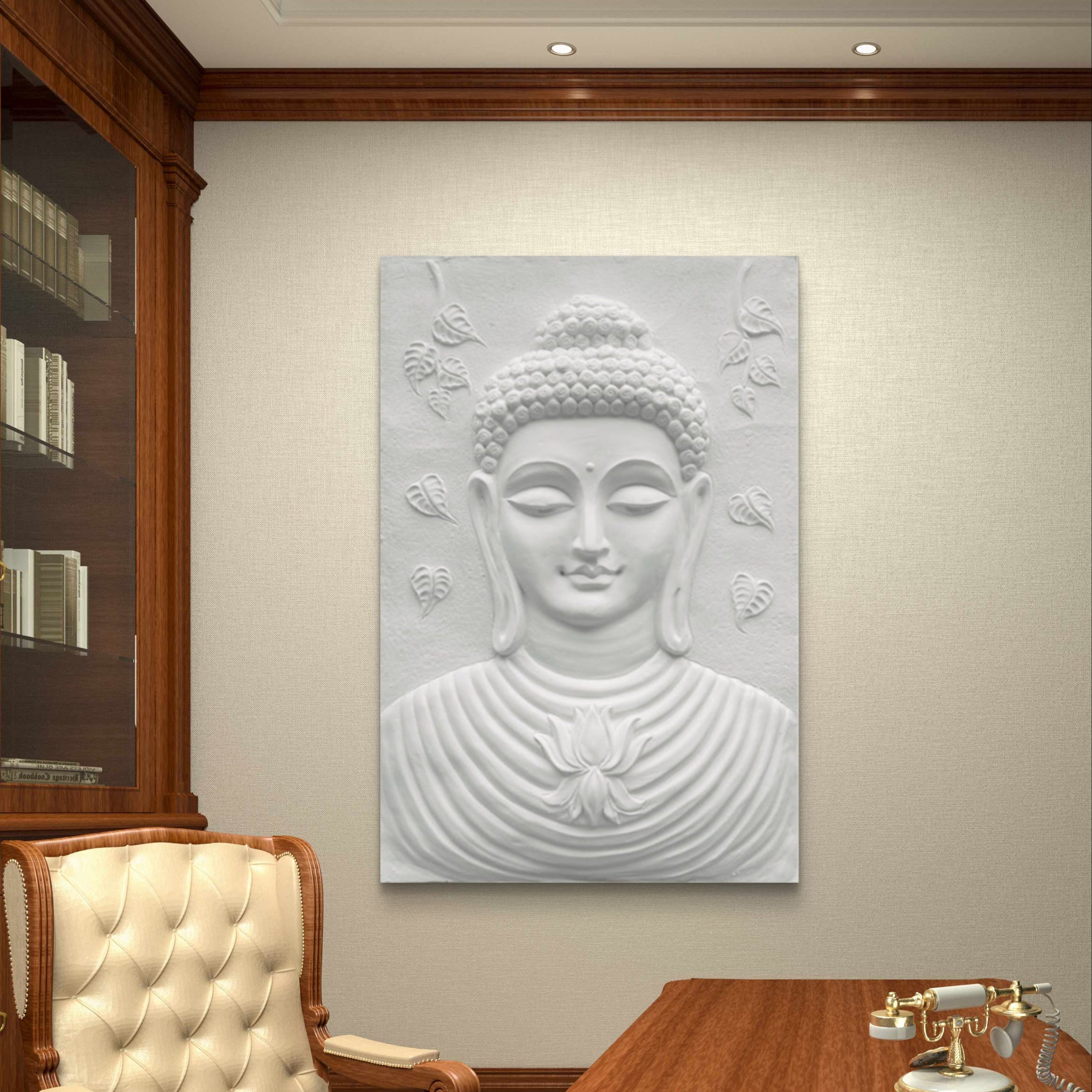 Buddha 3D wall hanging with lotus motif, 3x2 feet relief mural available in gold, bronze, white, and cream, ready to hang for spiritual interiors.