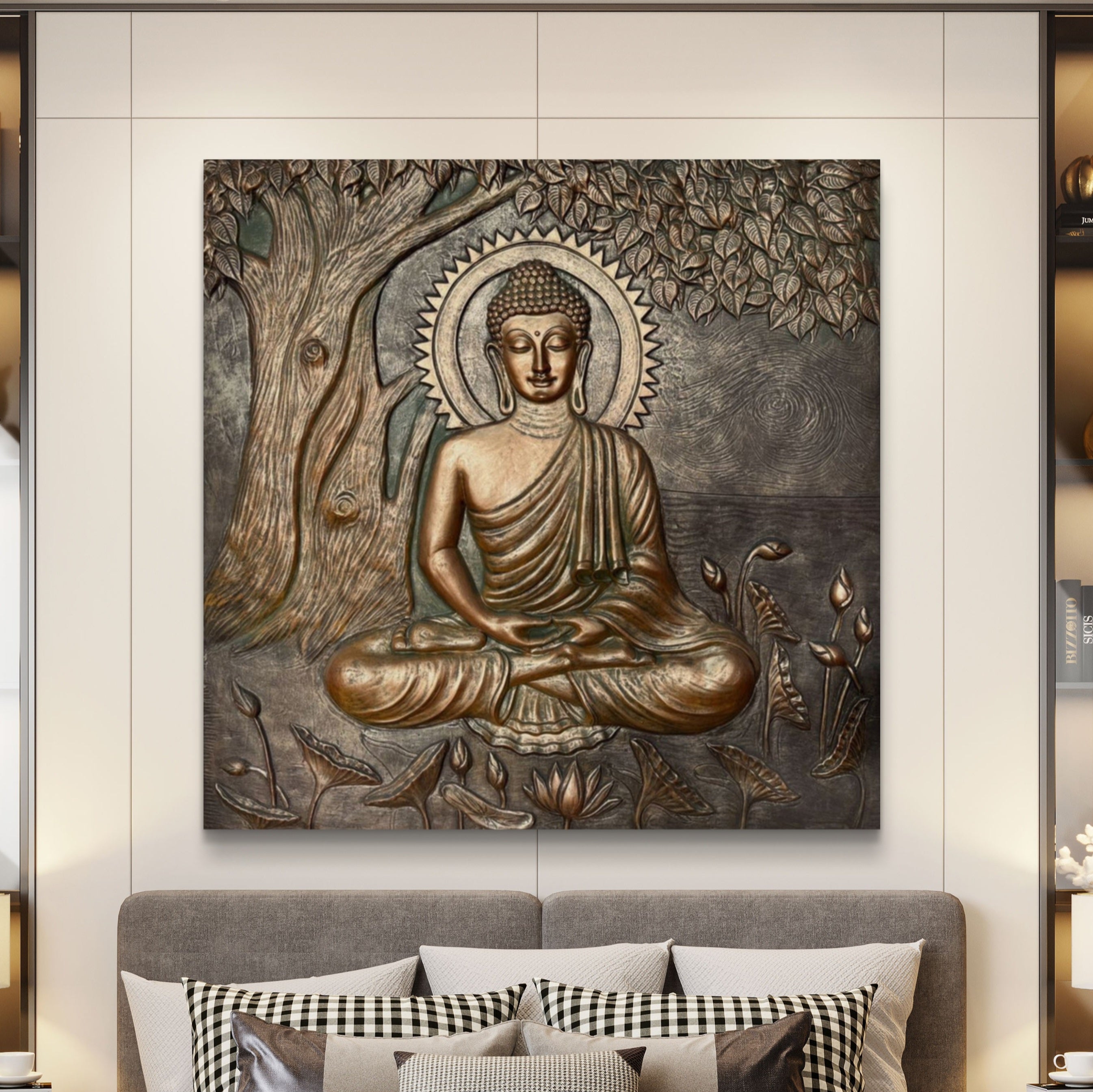 6x6 feet buddha under the tree 3d wall art handcrafted relief sculpture for home and office interiors