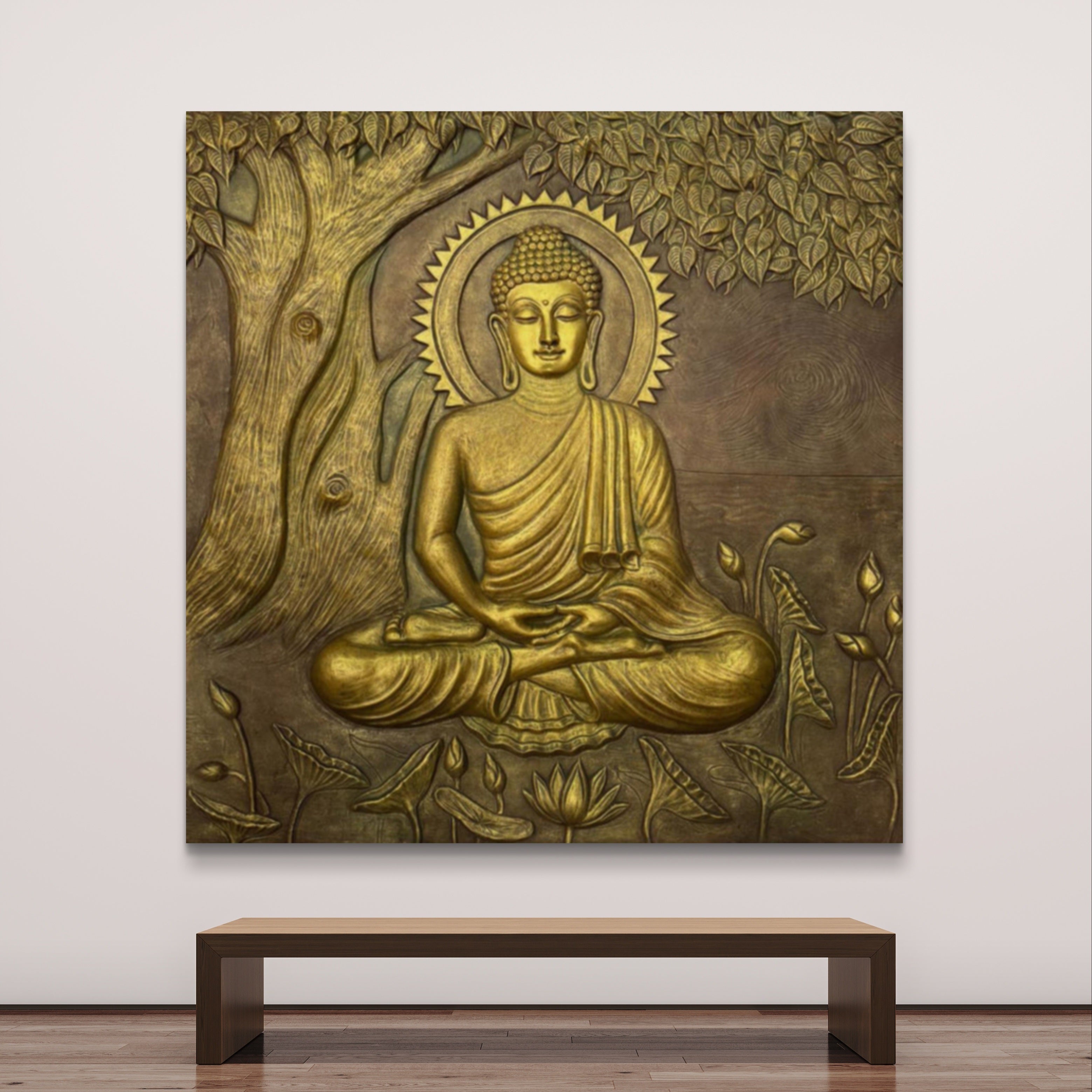 buddha under the tree 3d wall mural 6x6 ft gold finish handcrafted relief sculpture for home decor