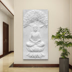Handcrafted Buddha Under the Tree 3D relief mural, 4x2 feet wall art symbolizing mindfulness and peace, ready to hang in spiritual interiors.