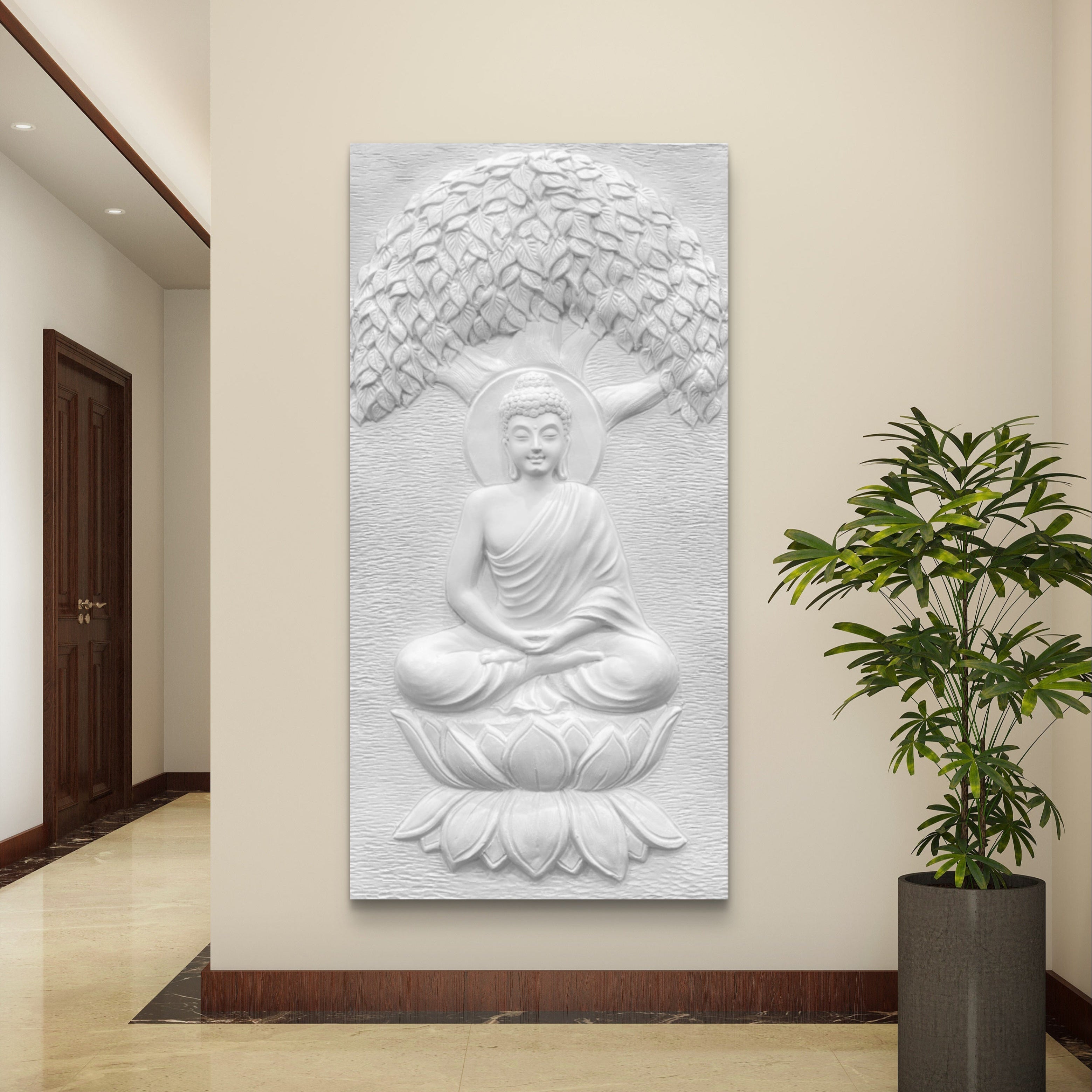 Handcrafted Buddha Under the Tree 3D relief mural, 4x2 feet wall art symbolizing mindfulness and peace, ready to hang in spiritual interiors.