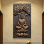Bronze finish 4x2 feet Buddha Under the Tree 3D relief wall mural, handmade sculpture of meditating Buddha on lotus under the Bodhi tree, radiating calm energy.