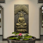 4x2 feet Buddha Under the Tree 3D relief wall mural in gold finish, handcrafted artwork featuring Lord Buddha meditating under the Bodhi tree for spiritual home décor.