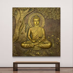 6x6 feet Buddha Under the Tree 3D relief wall mural in gold finish, handcrafted premium wall art depicting Lord Buddha meditating under the Bodhi tree.