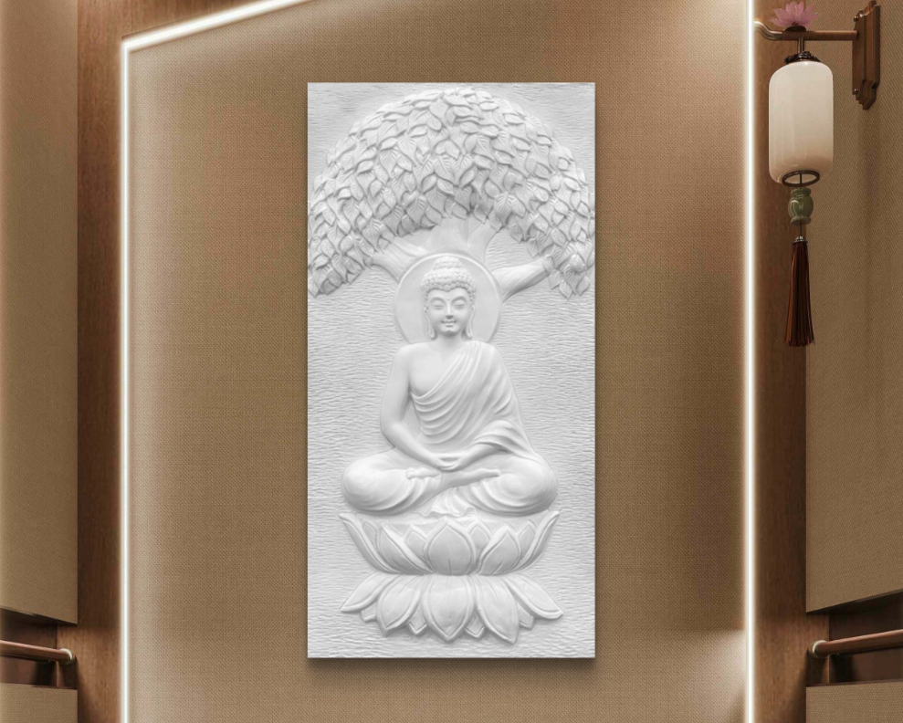 White finish 4x2 feet Buddha Under the Tree 3D wall mural, elegant handcrafted relief art symbolizing peace, mindfulness, and enlightenment.