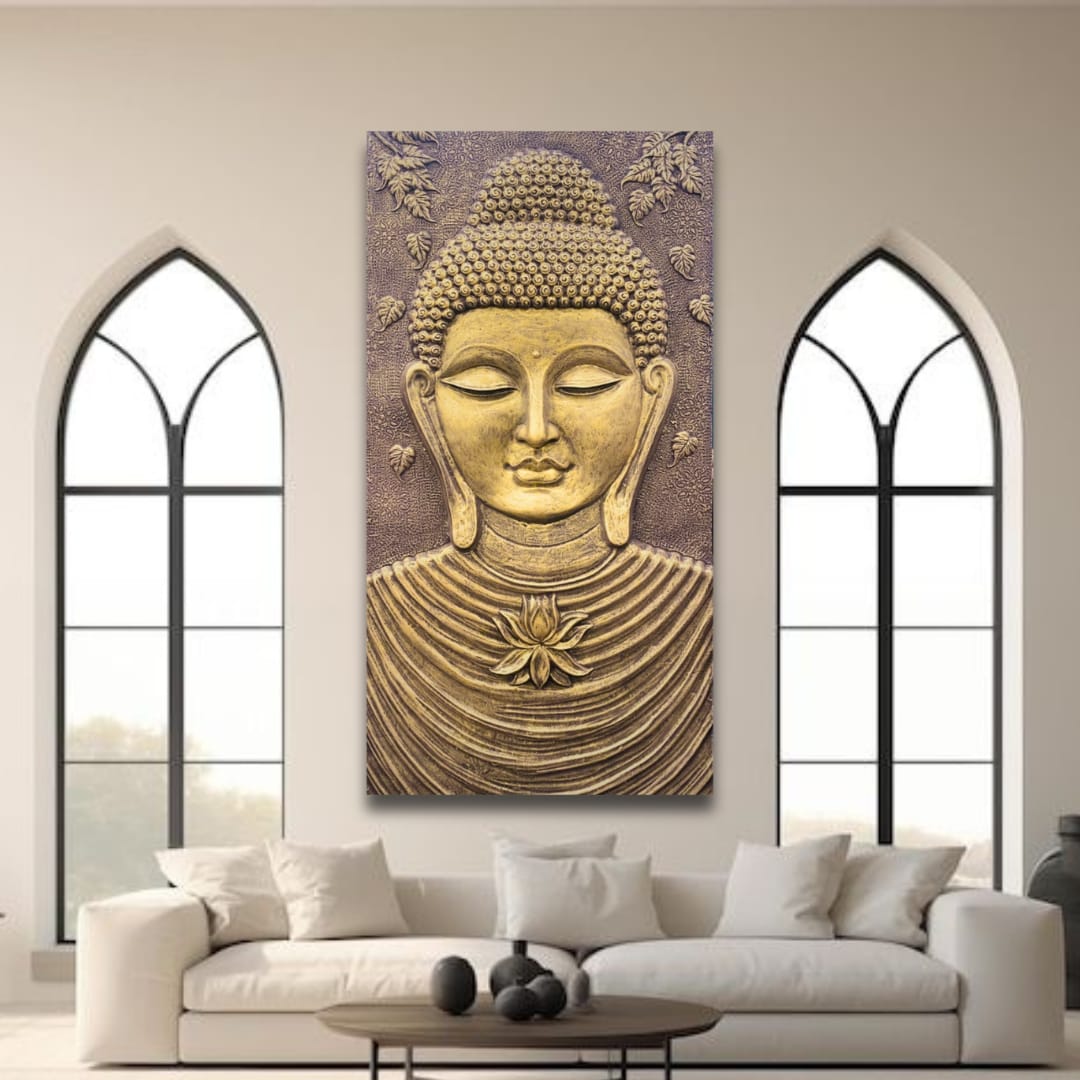 6x3 ft Buddha wall mural in gold and bronze finishes | handcrafted 3D relief sculpture with lotus design