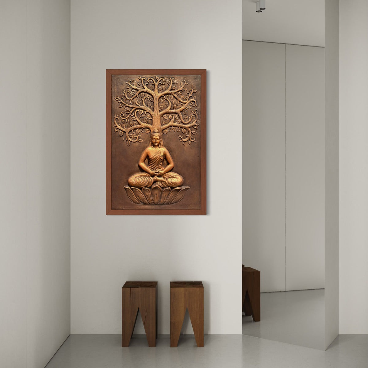buddha with bodhi tree 3d wall mural 3x2 feet bronze finish handcrafted relief sculpture for home decor.