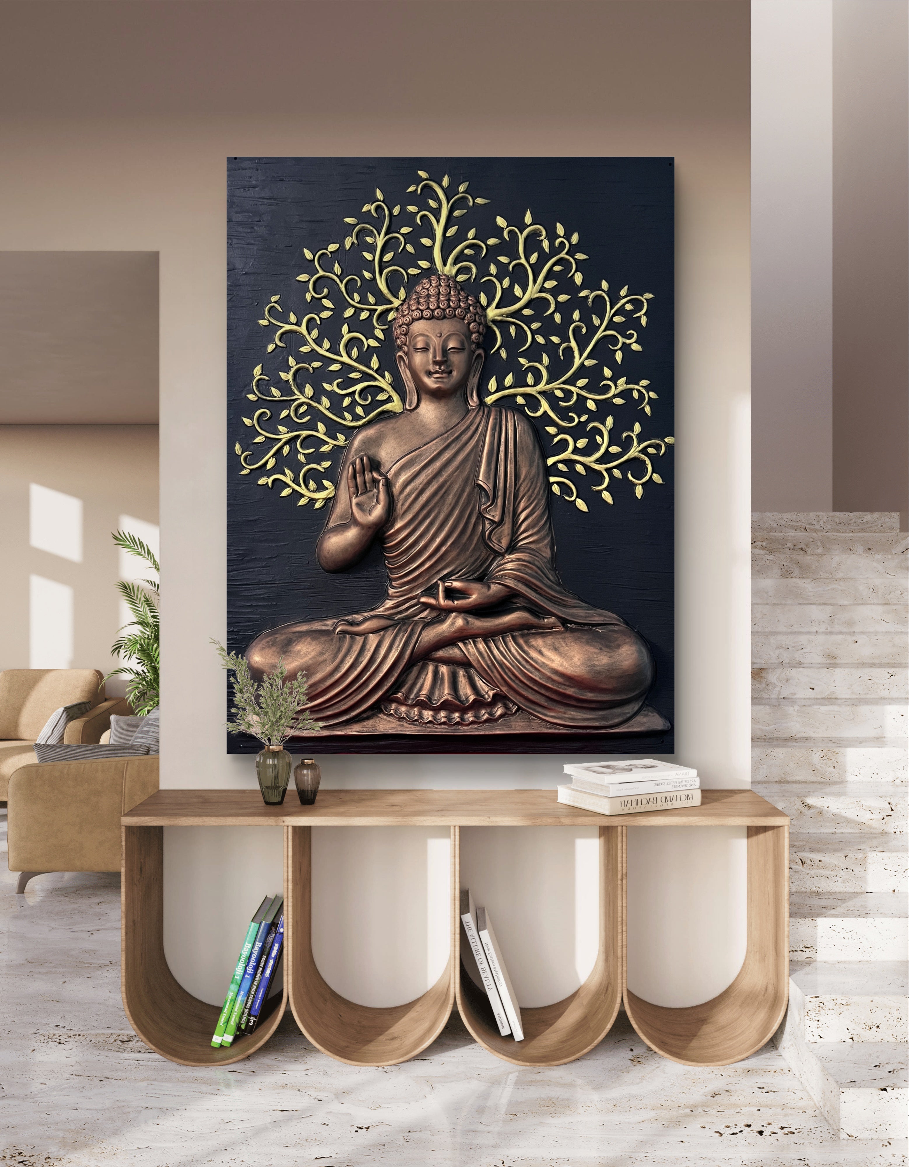 アート　ハンドメイド　レリーフArtwork Buddha statue 4x3 ft | Buddha with Leaf 3D Wall Mural | Handcrafted Relief