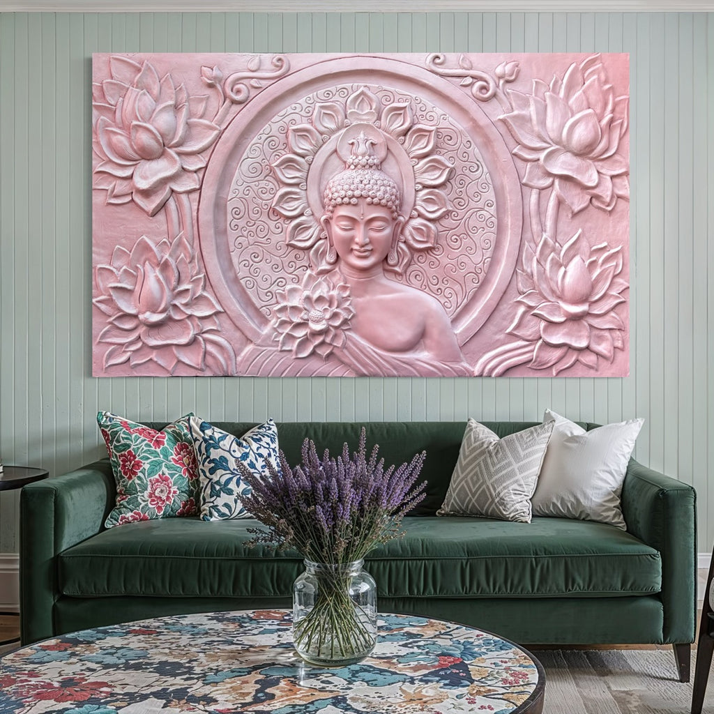 Full view of Buddha with lotus 3D wall art sculpture designed for serene interior décor.