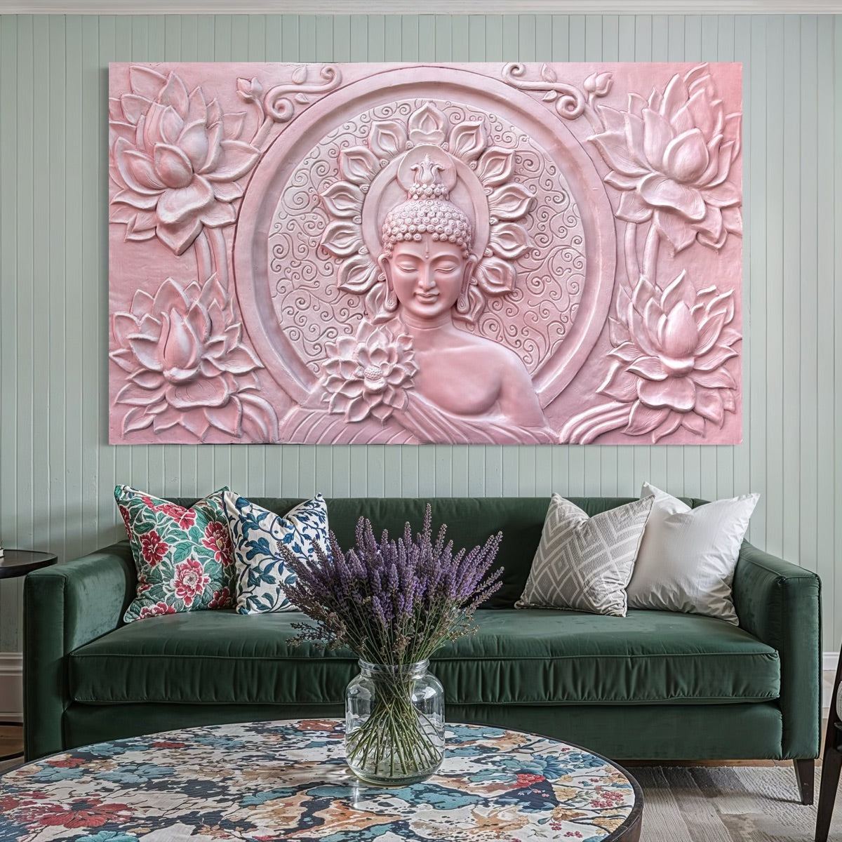 Full view of Buddha with lotus 3D wall art sculpture designed for serene interior décor.