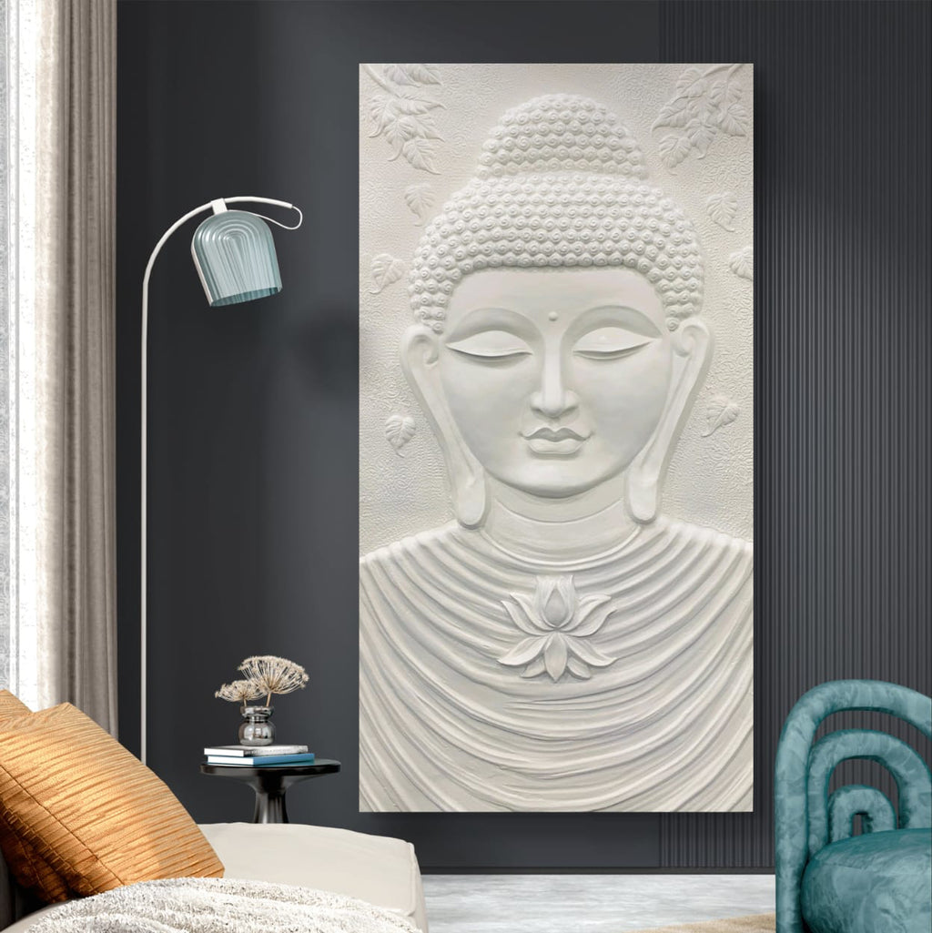 Close-up of the white unframed Buddha relief, showcasing the intricate 3D elevation detailing.