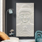 Close-up of the white unframed Buddha relief, showcasing the intricate 3D elevation detailing.