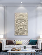 Zen-inspired Buddha 3D wall hanging, 5x3 feet relief mural in gold, bronze, white, and cream finishes for home and office décor.