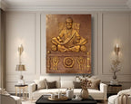 Large 3D relief wall mural of Chhatrapati Shivaji Maharaj in gold and bronze finish, handcrafted decorative sculpture for home and office interiors.