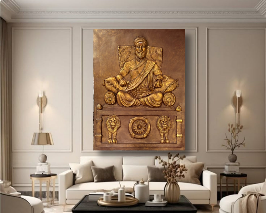 Large 3D relief wall mural of Chhatrapati Shivaji Maharaj in gold and bronze finish, handcrafted decorative sculpture for home and office interiors.