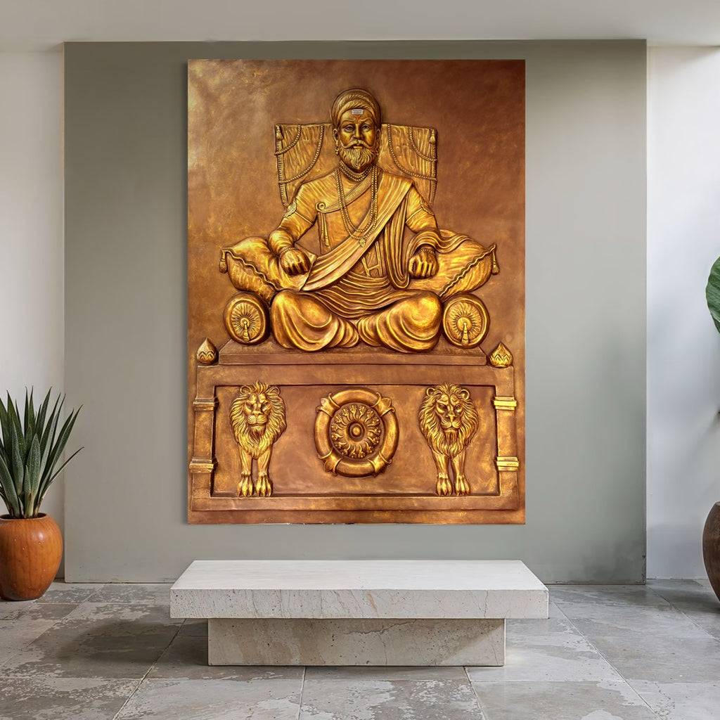 Large 3D relief wall mural of Chhatrapati Shivaji Maharaj in gold and bronze finish, handcrafted decorative sculpture for home and office interiors.