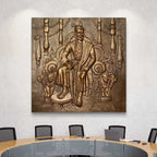 Bronze finish 6x6 feet Chhatrapati Shivaji Maharaj 3D relief mural, intricate handcrafted sculpture of the Maratha king on his throne, ideal for royal décor.