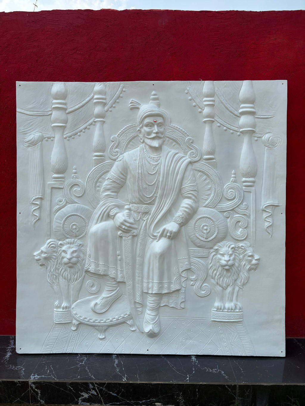 white finish 6x6 feet Chhatrapati Shivaji Maharaj 3D relief mural, intricate handcrafted sculpture of the Maratha king on his throne, ideal for royal décor.