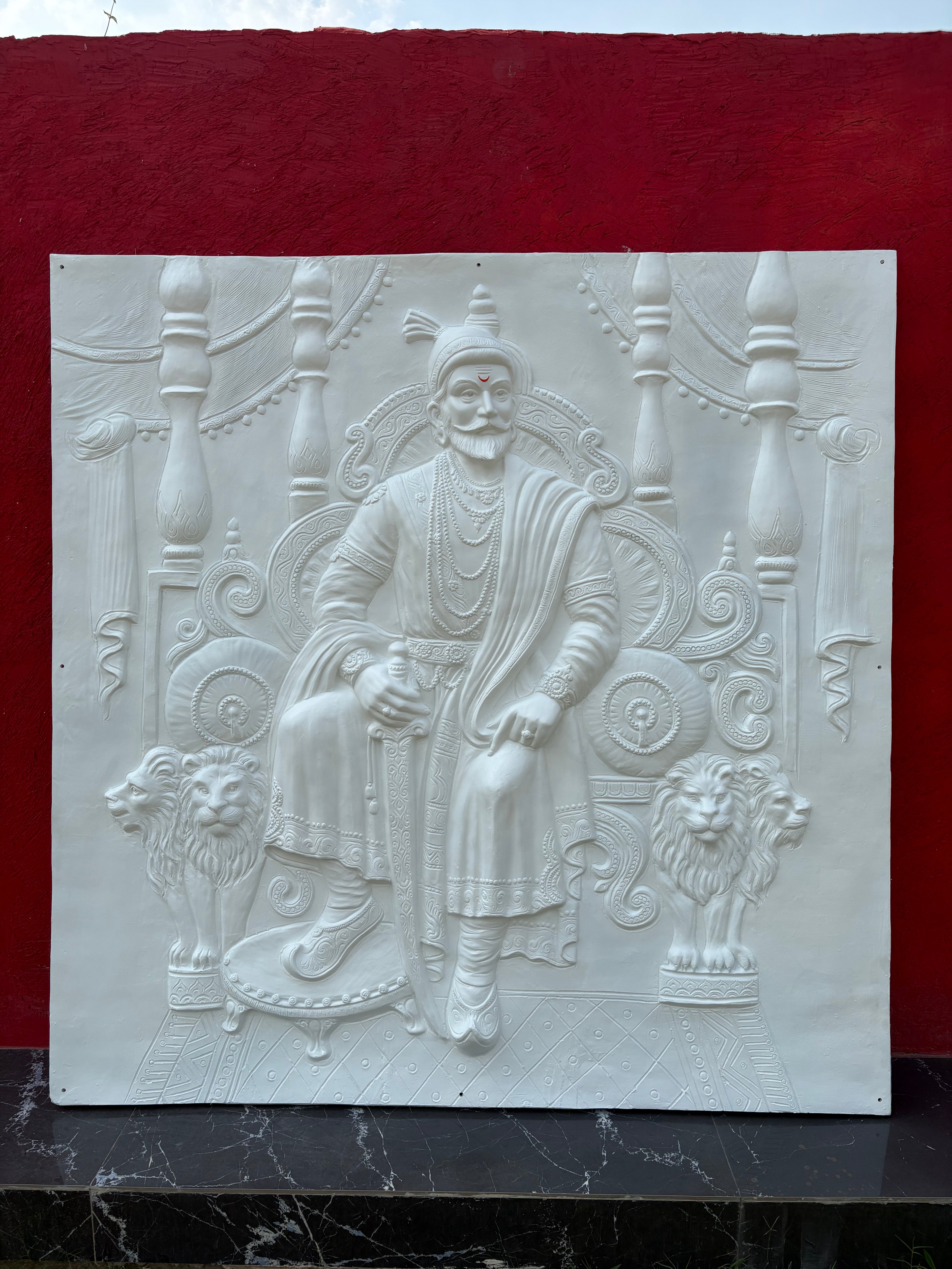 white finish 6x6 feet Chhatrapati Shivaji Maharaj 3D relief mural, intricate handcrafted sculpture of the Maratha king on his throne, ideal for royal décor.
